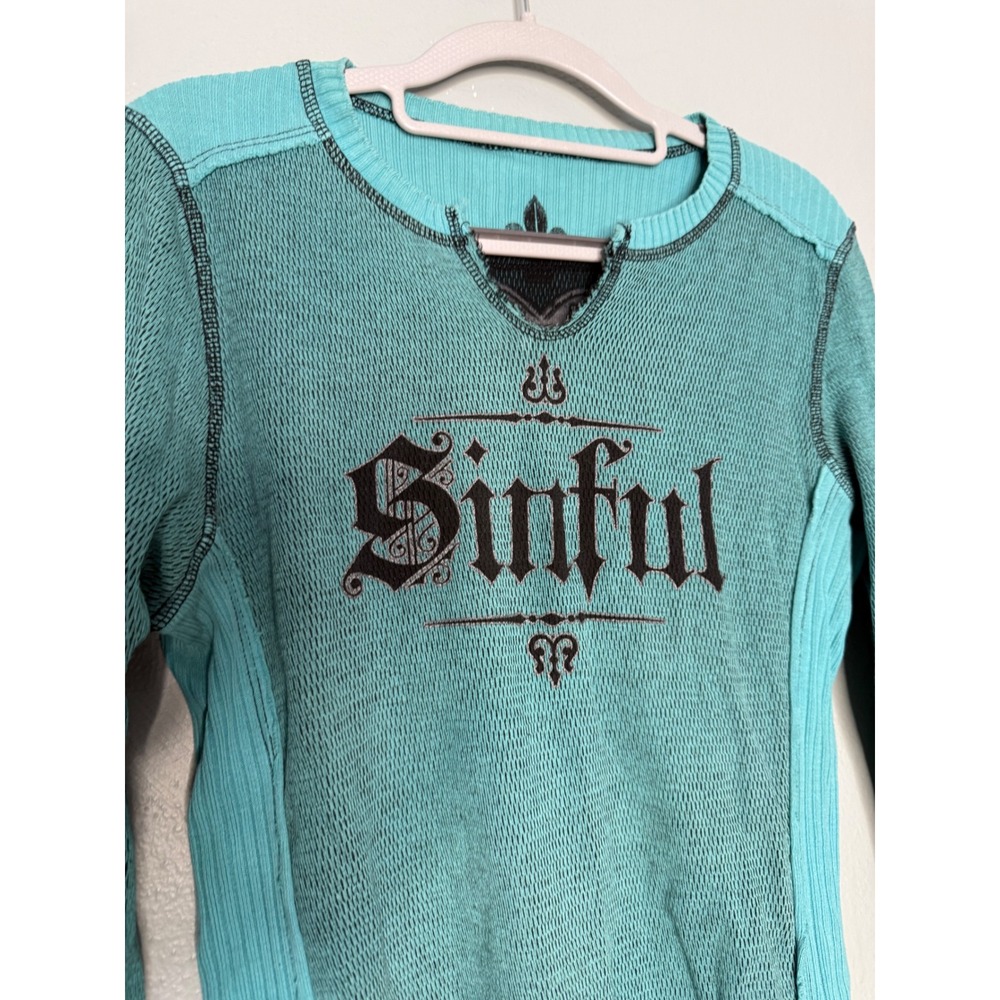 Sinful by Affliction Y2K Thermal Reversible Glitter Heart Turquoise & black top - Picture 5 of 16